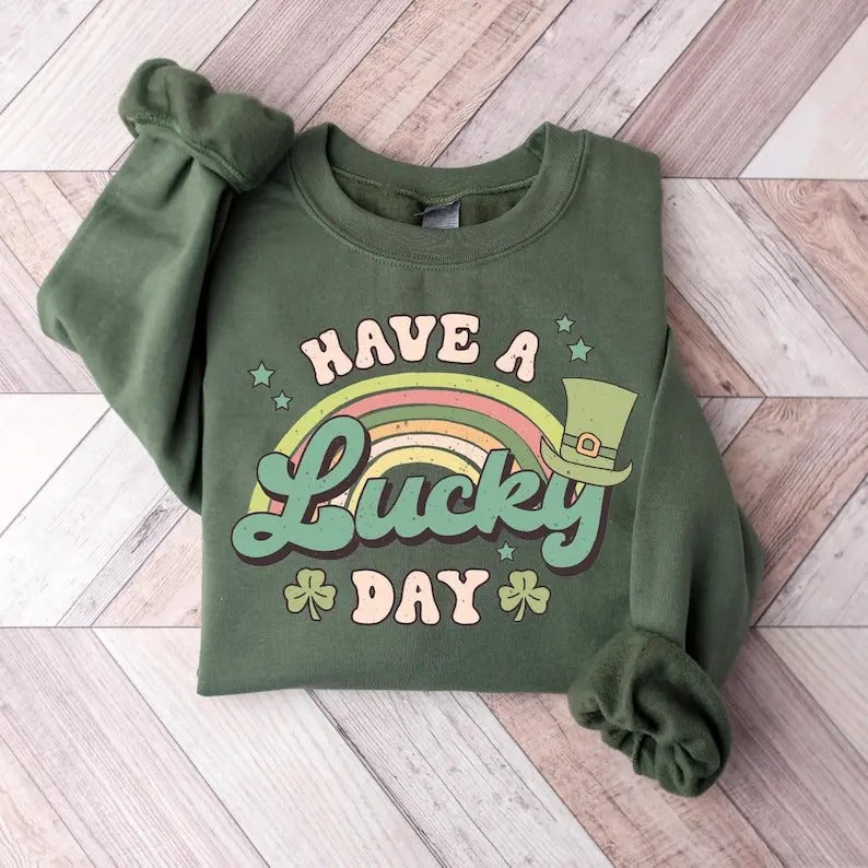 Retro Have A Day Lucky Day Sweatshirt, Womens St Patricks Day Sweatshirt, Lucky Shamrock Sweatshirt, Cute Lucky...