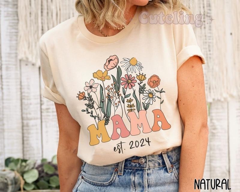 Retro Mama Shirt Wildflowers Mama Shirt New Mama Est 2024 Gift For New Mom Pregnancy Announcement Groovy Mama Mothers Day...