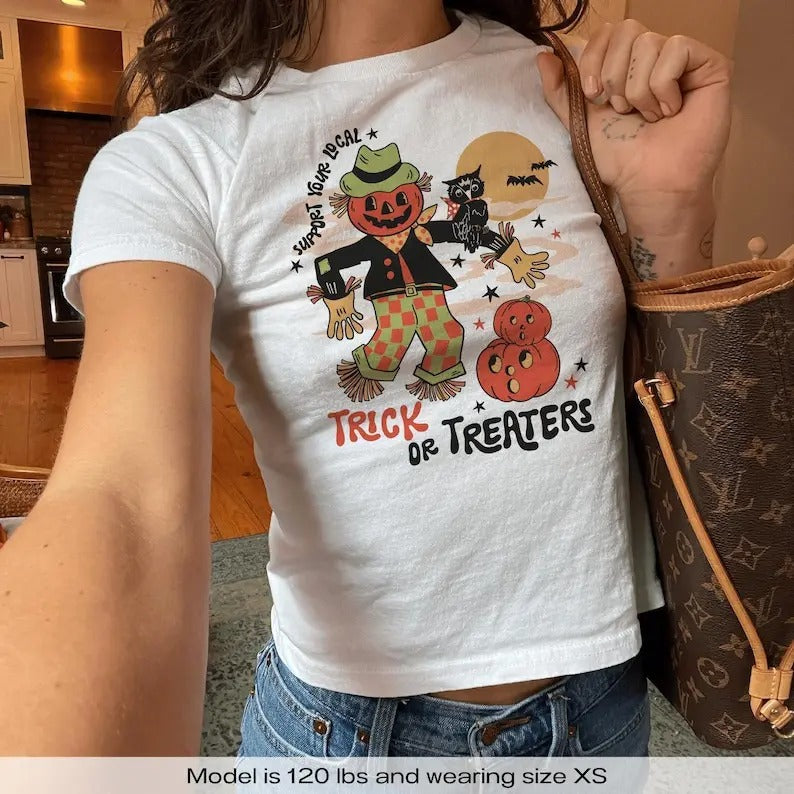 Retro Pumpkin Owl Trick Or Treat Halloween Y2k Baby Tee Y2k Shirt Halloween Baby Tee Vintage 90s Aesthetic Baby Tee Shirt...
