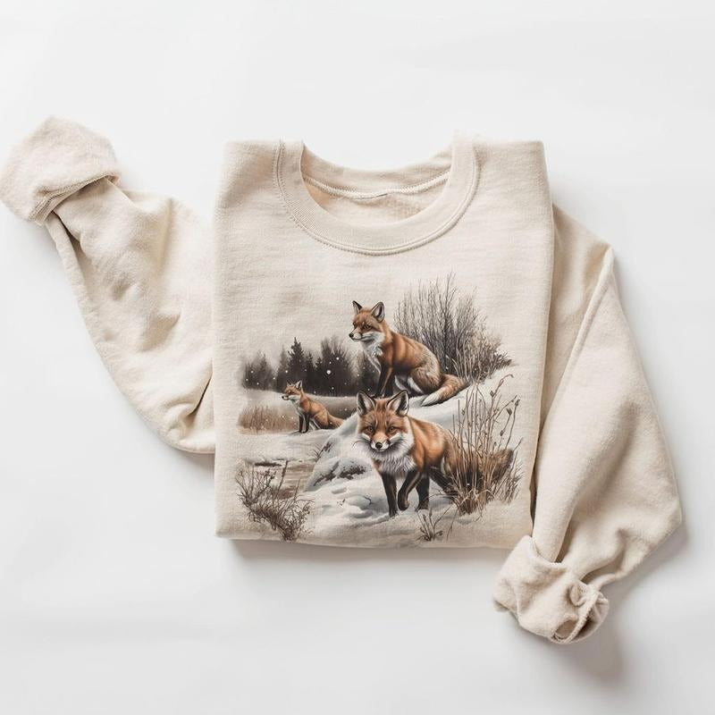 Retro Red Foxes Winter Scene Sweatshirt - 90s Fox Snowy Forest Wilderness Pullover Hoodie Cotton T-Shirts | ZylaModa.com