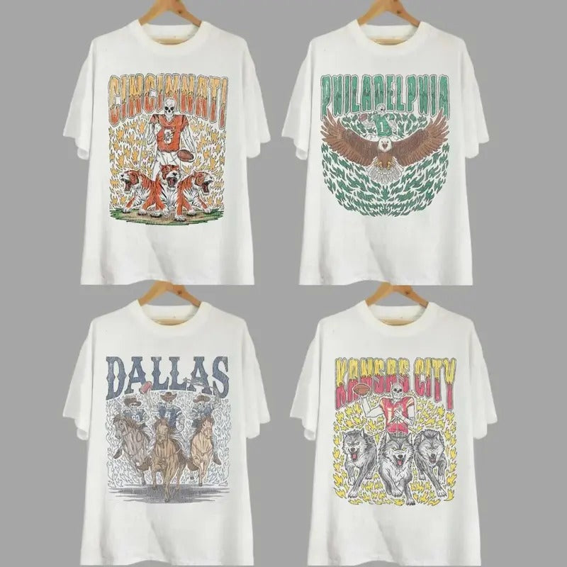 Retro Skeleton All Teams Football T-shirt, Gildan 5000 Unisex Crewneck Sport Classic T-Shirt All Teams Football, White...