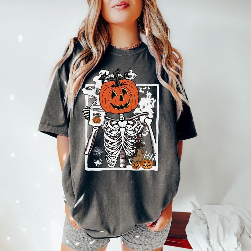 Retro Skeleton Pumpkin Shirt, Halloween Coffee T-Shirt, Womens Fall Fashion shirt, HALLOWEEN Coffee t-shirt, halloween...