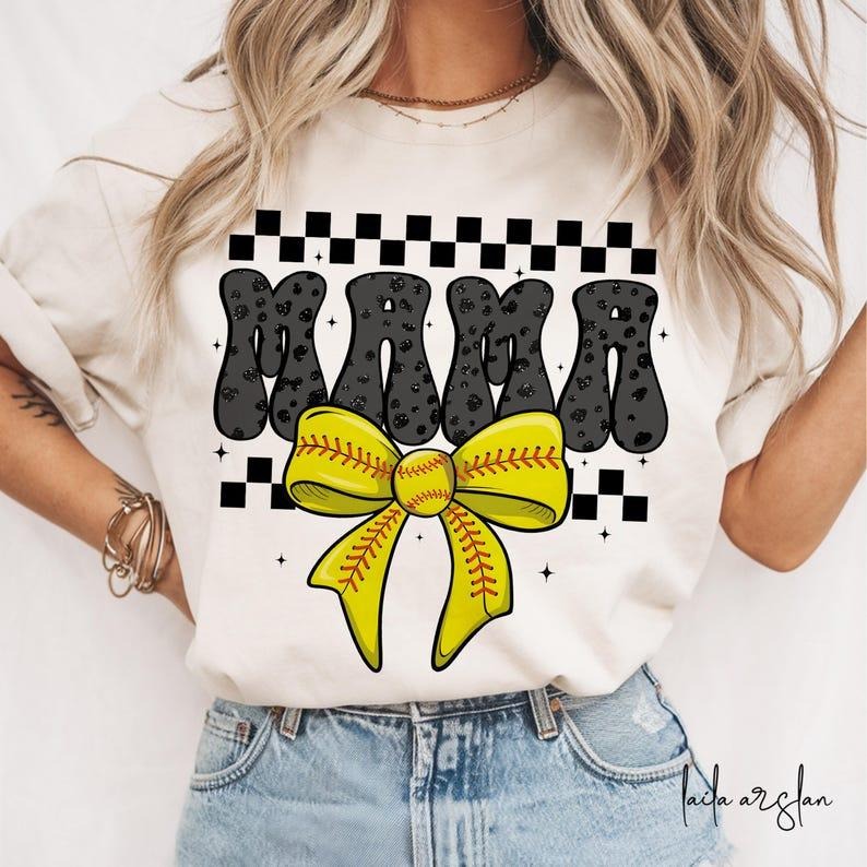 Retro Softball Mama T-shirt, Coquette, Game Day Bow, Checker, Softball Mom Hoodie, Sweatshirt | ZylaModa.com
