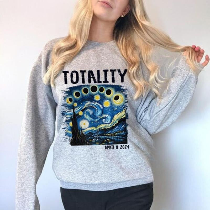 Retro Starry Night & Totality Solar Eclipse Of April 8, 2024 T-shirt, 2024 Print T-Shirt, Moon Astronomy Hoodie, Sweatshirt