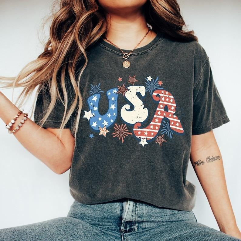 Retro USA Tshirt, 4th of July tee, Retro funny fourth T-shirt, Womens 4th of July Shirt, America Patriotic TShirt,...