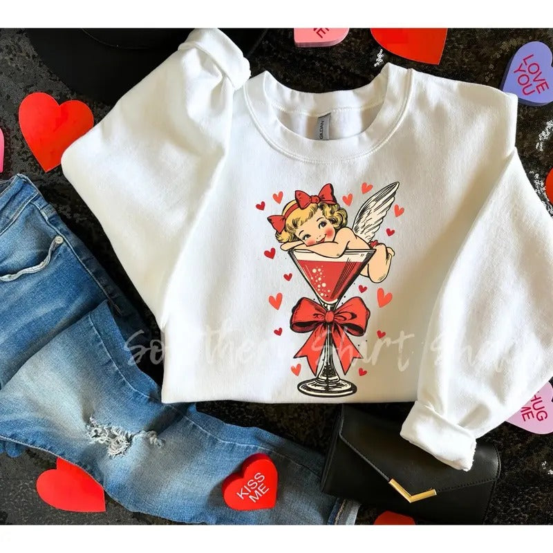 Retro Valentines Day Martini Cupid Sweatshirt White Sweatshirt T-Shirts, Hoodie | ZylaModa.com