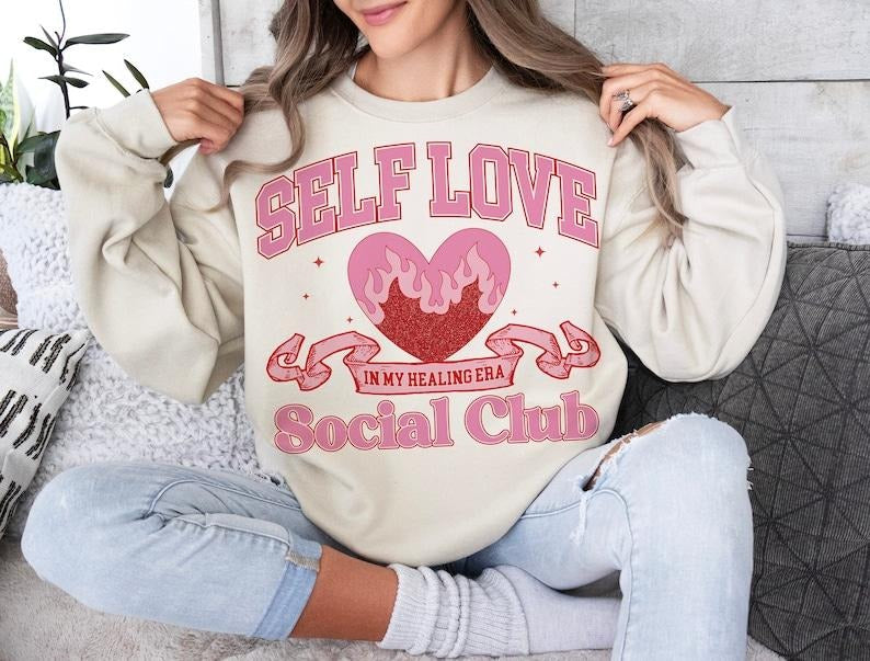 Retro Valentines Sweatshirt Valentines Day , Self Love Club, Trendy , Love , Heart Candy , T-Shirts, Hoodie | ZylaModa.com