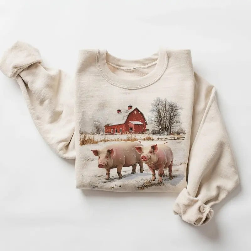 Retro Winter Pigs and Red Barn Farm Scene Sweatshirt 90s Vintage Cute Pig Farmer Midwest Snowy Tshirt Funny Boho Unisex...