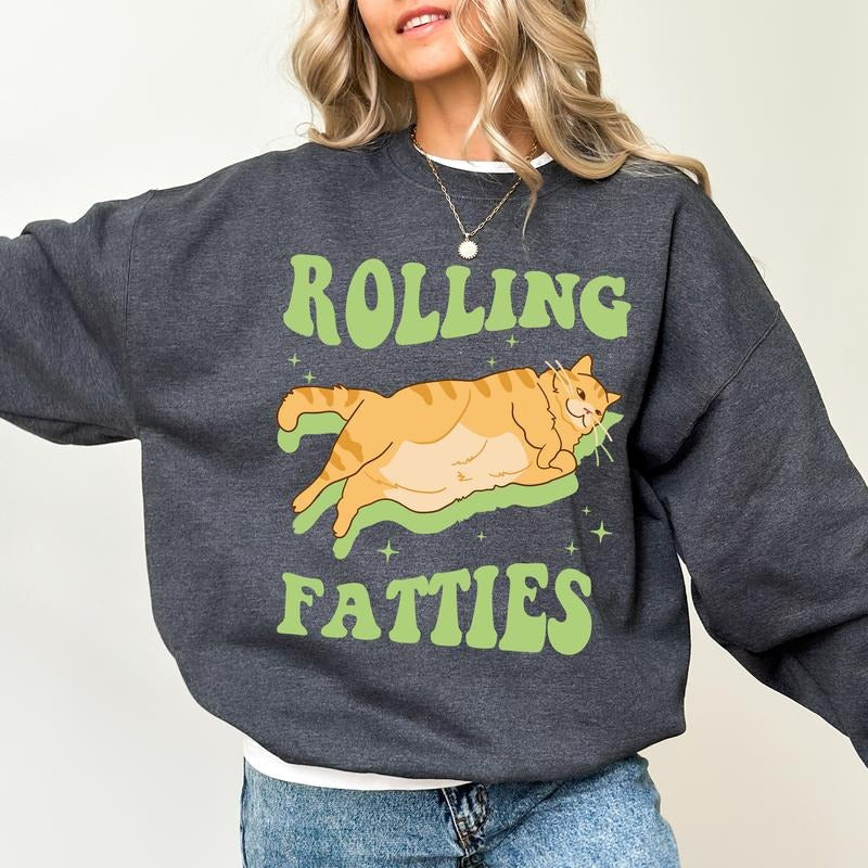 Rolling Fatties Cat Sweatshirt, Fat Cat Crewneck, Kitten Lovers Pullover Sweater, Funny Meme Gifts, Cute Cat Sweater...
