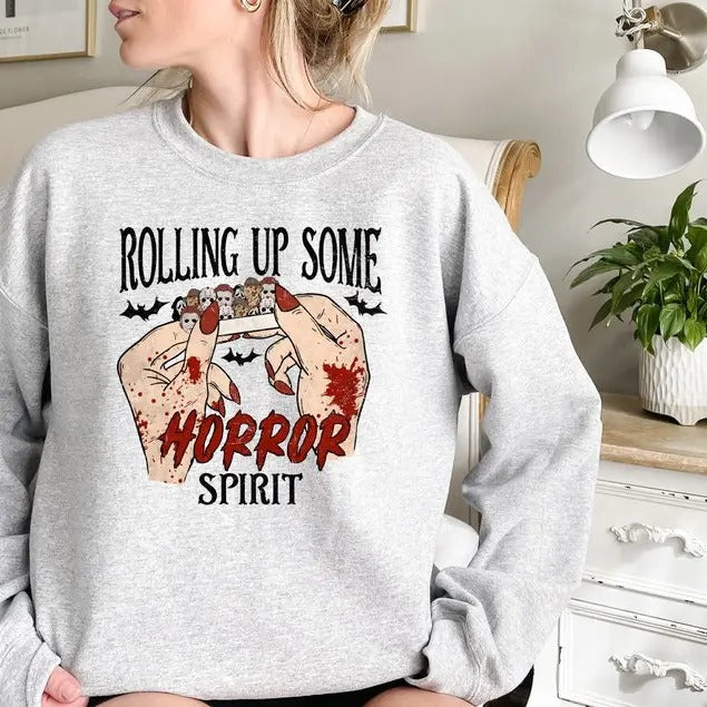 Rolling Up Some Horror Spirit Sweatshirt, Halloween Sweater, Horror Movie Shirt, Horror Characters, Funny Halloween T...