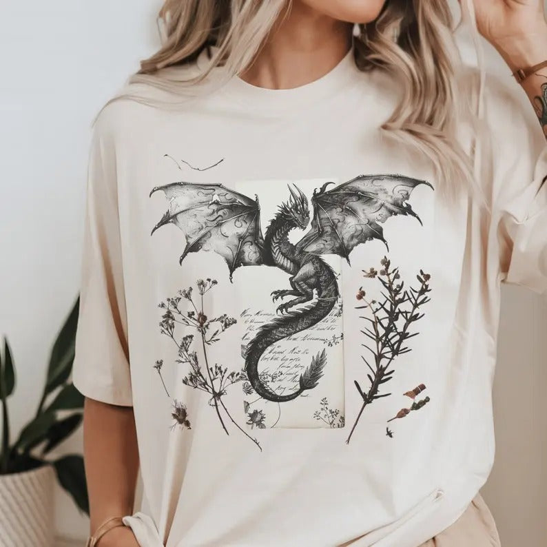 Romantasy Reader Dragon T-Shirt Pressed Wildflowers and Dragons Shirt Retro Design Booktok Merch Hoodie, Sweatshirt