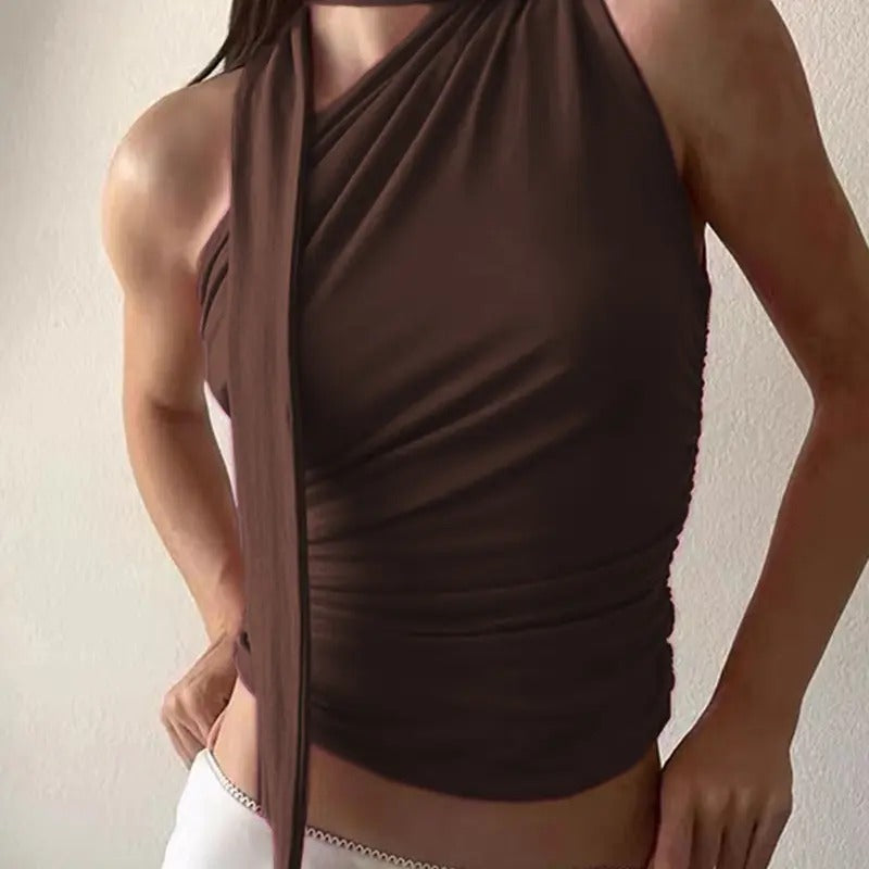 Ruched Sleeveless One Shouler Shirts Y2K Scarf Top Going Out Club Tank Top Hoodie, Sweatshirt | ZylaModa.com