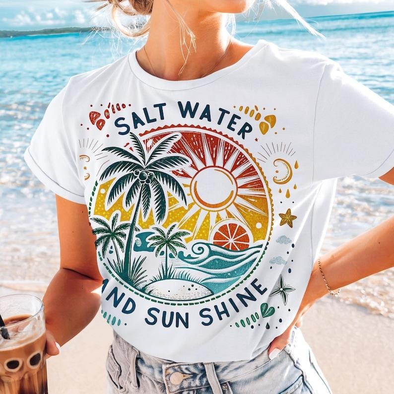 Salt Water And Sun Shine Tshirt, Summer Tee, Retro Beach Shirt, Cute Summer Trendy T-Shirt Hoodie, Sweatshirt | ZylaModa.com