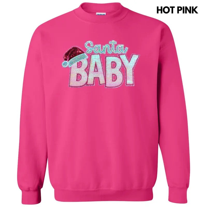 Santa Baby Pink Sequin Patch Sweatshirt T-Shirts, Hoodie | ZylaModa.com