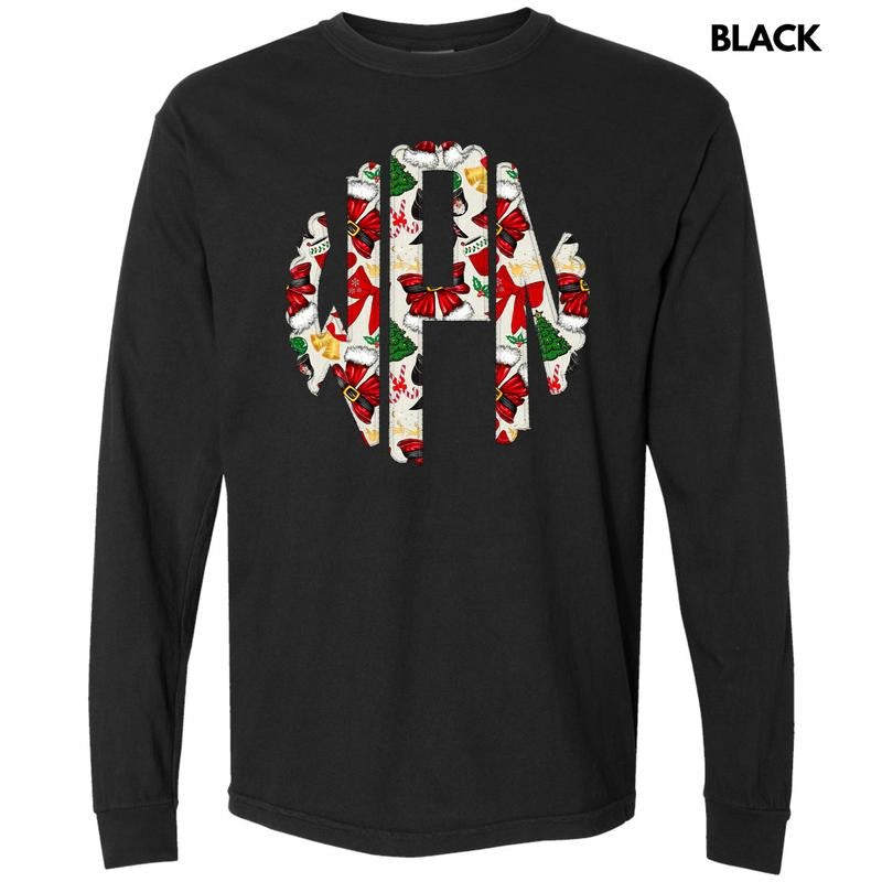 Santa Bow Theme Monogram Long Sleeve Comfort Colors T-Shirt 'NLB' Hoodie, Sweatshirt | ZylaModa.com