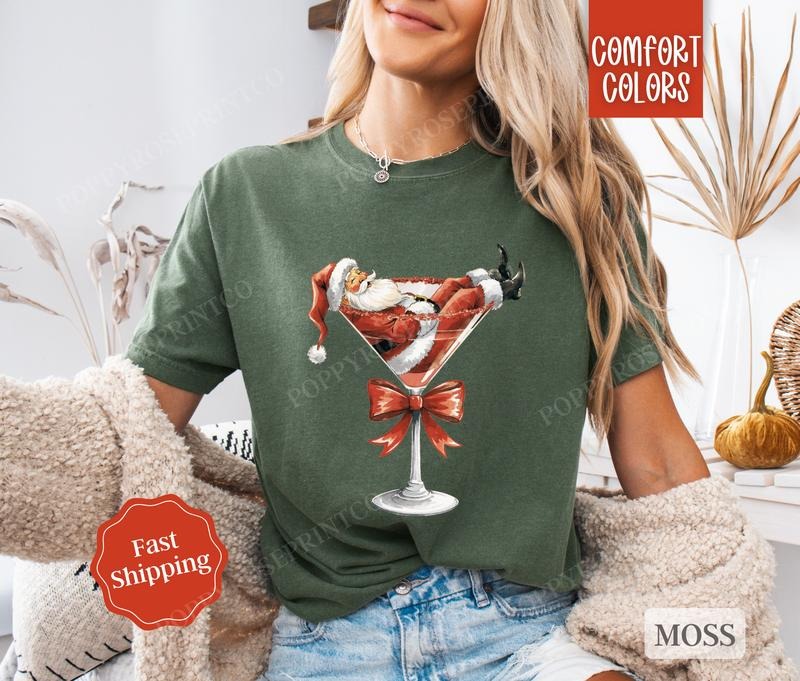 Santa Martini Shirt Comfort Colors Christmas Tshirt,  Women's Holiday Tee Hoodie, Sweatshirt | ZylaModa.com