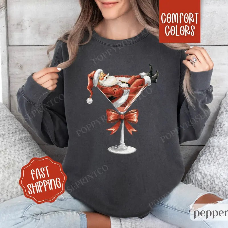 Santa Martini Sweatshirt Comfort Colors, Christmas Sweater,  Coquette Xmas Tshirt, Women's Holiday Crewneck Hoodie
