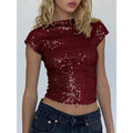 Sequin Boat Neck Shirts Sparkle Glitter Backless Tee Cap Sleeve Crop Tops Hoodie, Sweatshirt | ZylaModa.com