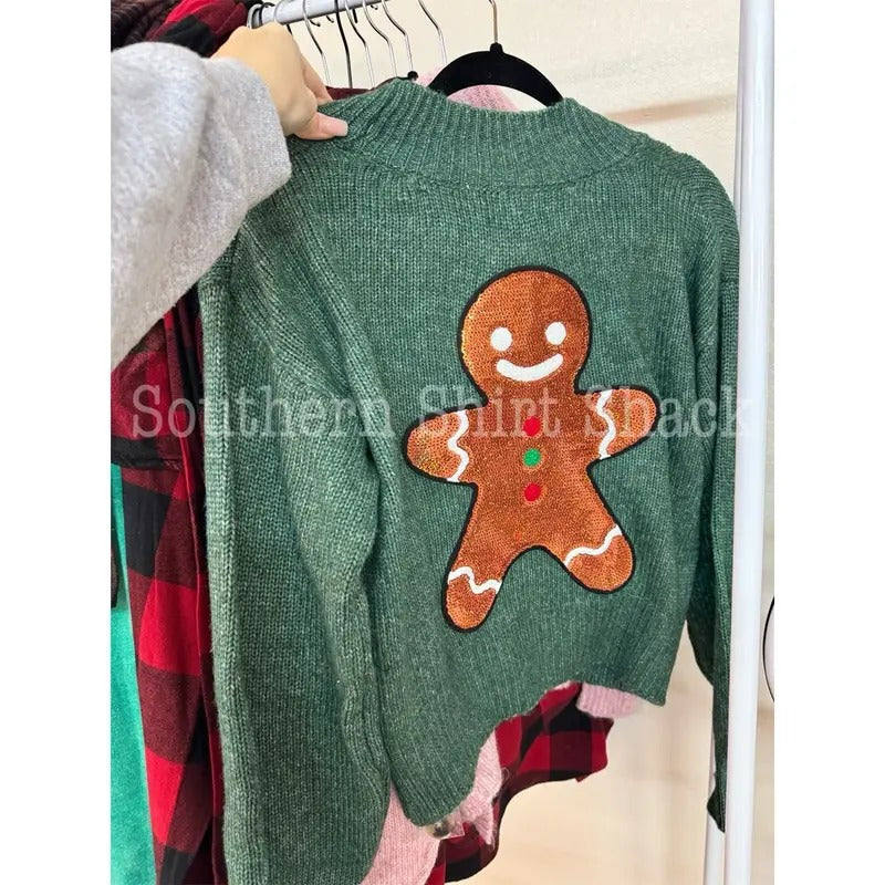 Sequin Gingerbread Patch Cardigan | Holiday Festive Cardigan T-Shirts, Hoodie, Sweatshirt | ZylaModa.com