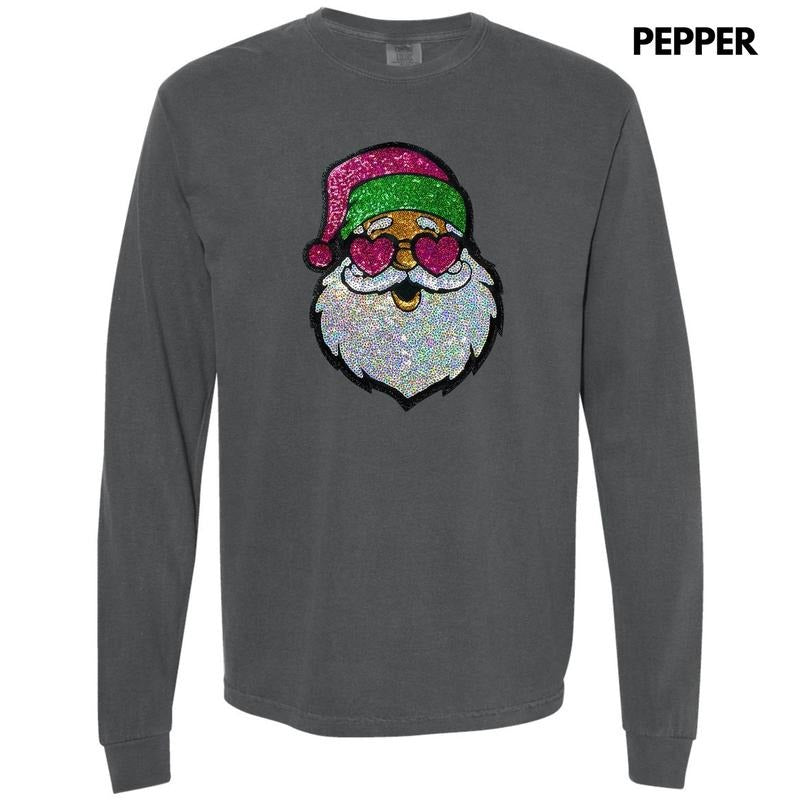 Sequin Santa Heart Eyes Patch Long Sleeve Comfort Colors T-Shirt Hoodie, Sweatshirt | ZylaModa.com