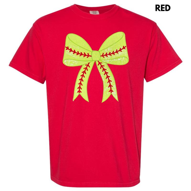 Sequin Softball Bow Patch Comfort Colors T-Shirt Hoodie, Sweatshirt | ZylaModa.com