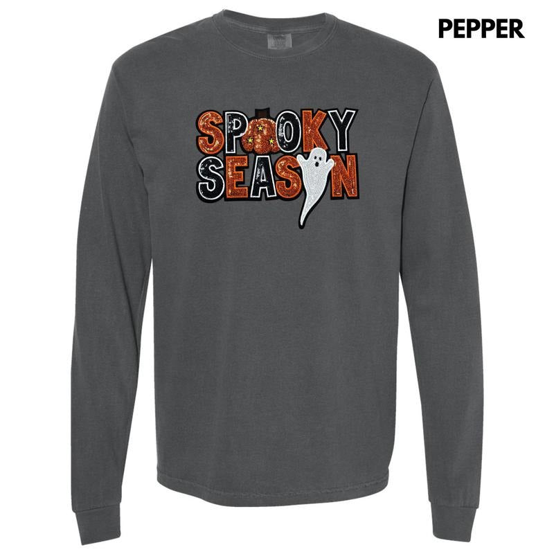 Sequin Spooky Season Patch Long Sleeve Comfort Colors T-Shirt Hoodie, Sweatshirt | ZylaModa.com