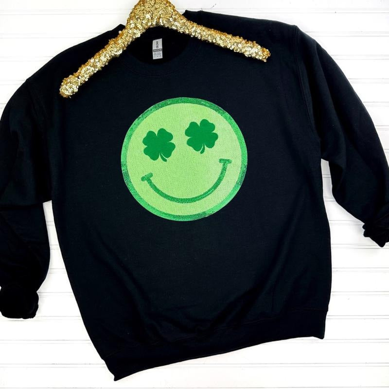 Shamrock Happy Face Patch Sweatshirt -- BLACK T-Shirts, Hoodie | ZylaModa.com
