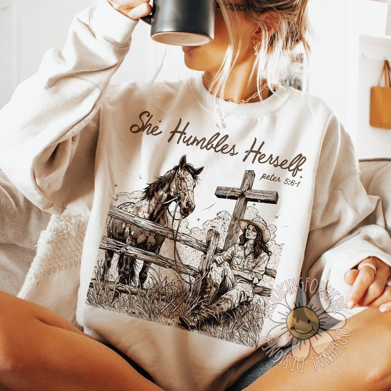 She Humbles Herself Sweatshirt, Peter 5:6-1, Retro Cowgirl Hoodie, Faith Womenswear Sweater, Christian Country Shirt,...