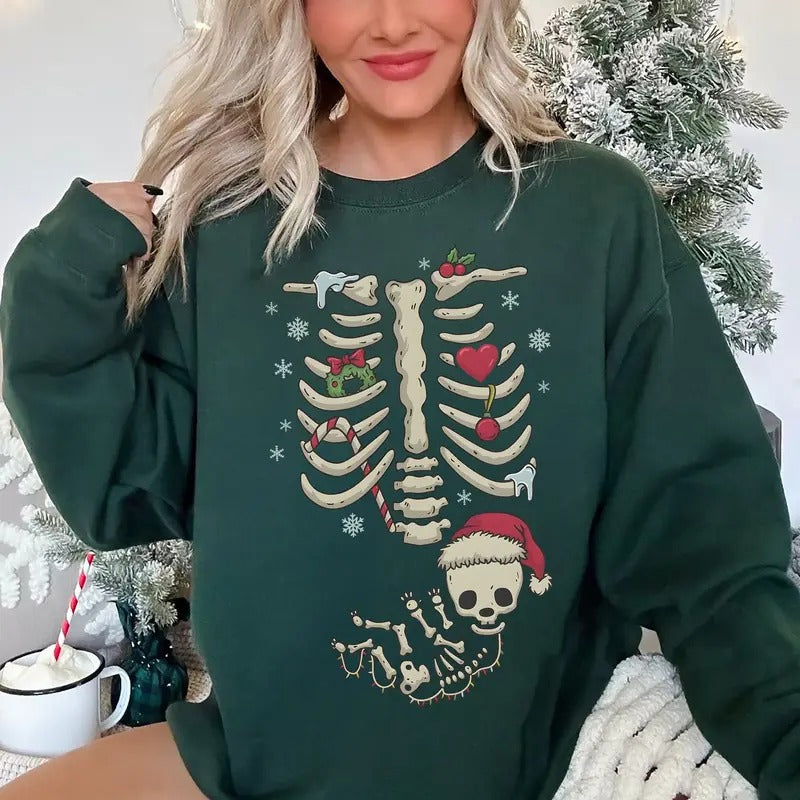 Skeleton Christmas Maternity Sweatshirt, Funny Pregnancy Announcement Shirt 2024, Mama Christmas Sweatshirt, Christmas...