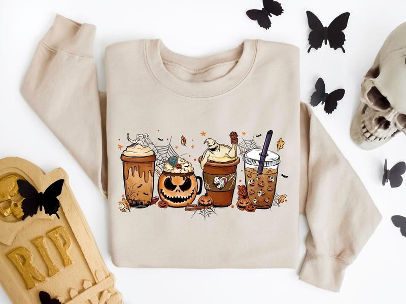 Skeleton Coffee Cups Sweatshirt, Coffee Cups Halloween Sweatshirt, Coffee Cup Sweatshirt, Pumpkin Skeleton Halloween...