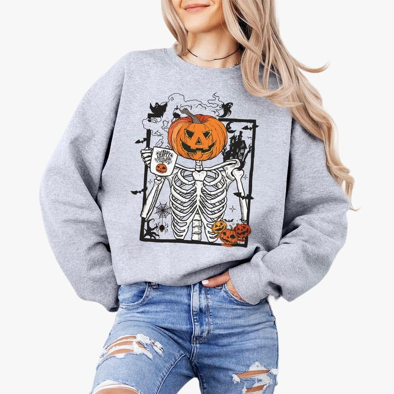 Skeleton Drinking Coffee Halloween Shirt, Halloween Skeleton Shirt Family, Pumpkin Skeleton Tee, Funny Skeleton Pumpkin...