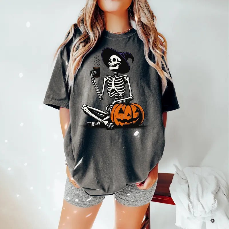 Skeleton Pumpkin Shirt Coffee Lover Skeleton Shirt Fall Coffee Latte Shirt Retro Halloween Shirt Womens Halloween Shirt...