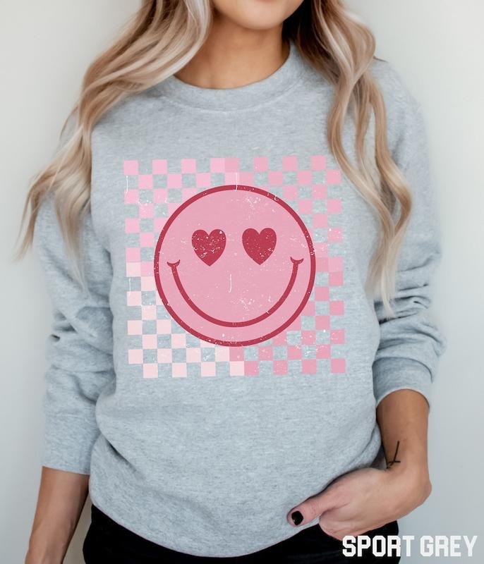 Smiley Face Sweatshirt, Retro Happy Face Crewneck, Trendy Checkered Sweatshirt, Cute Valentine  Hoodie and Sweater;...