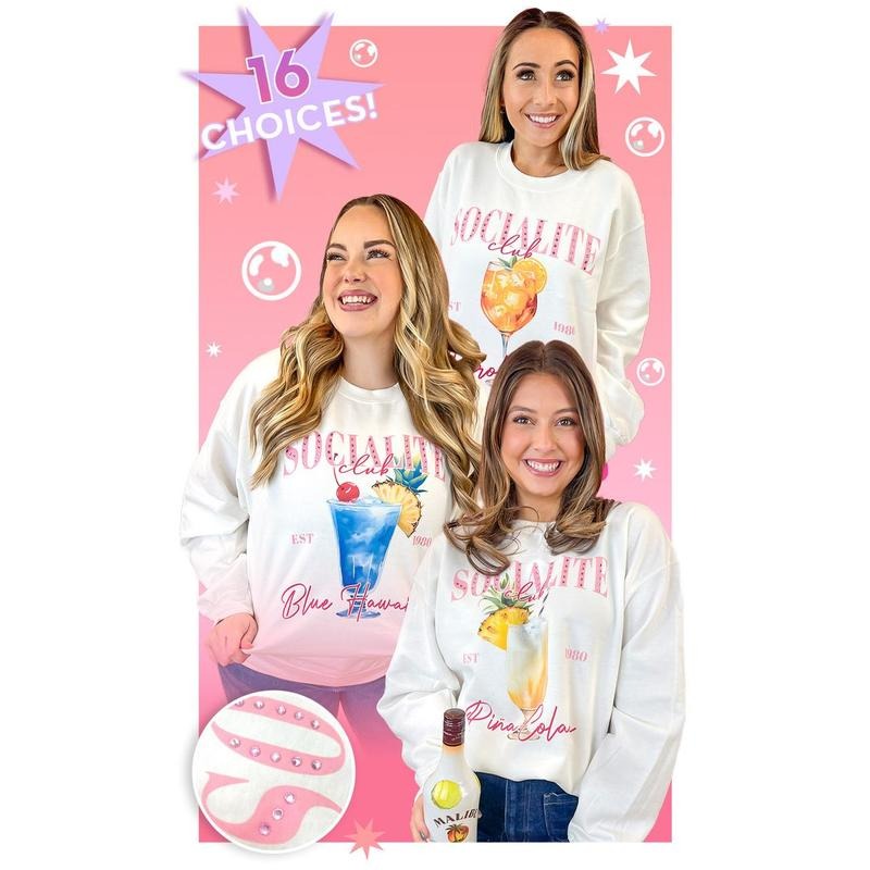 Socialite Drink Club Rhinestone Graphic Sweatshirt T-Shirts, Hoodie | ZylaModa.com
