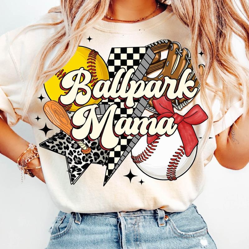 Softball Baseball Mama T-Shirt, Ballpark Mama Retro T-Shirt, Game Day Vibes, Coquette Bow Sports Shirt, Checkered...