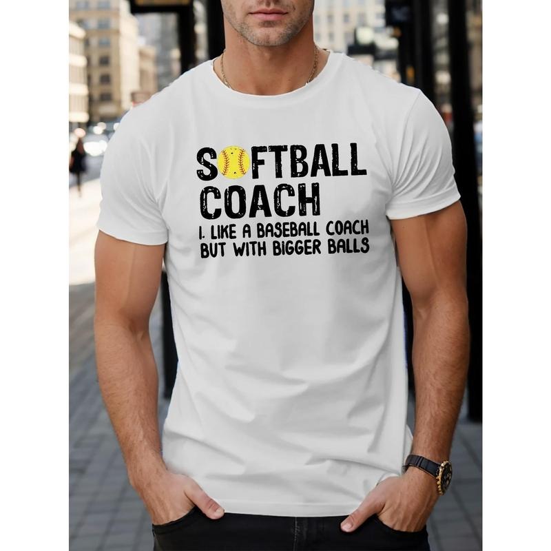 Softball Coach Print Men's Short Sleeve T-Shirts, Comfy Casual Elastic Crew Neck Tops For Men's Outdoor Activities Made...