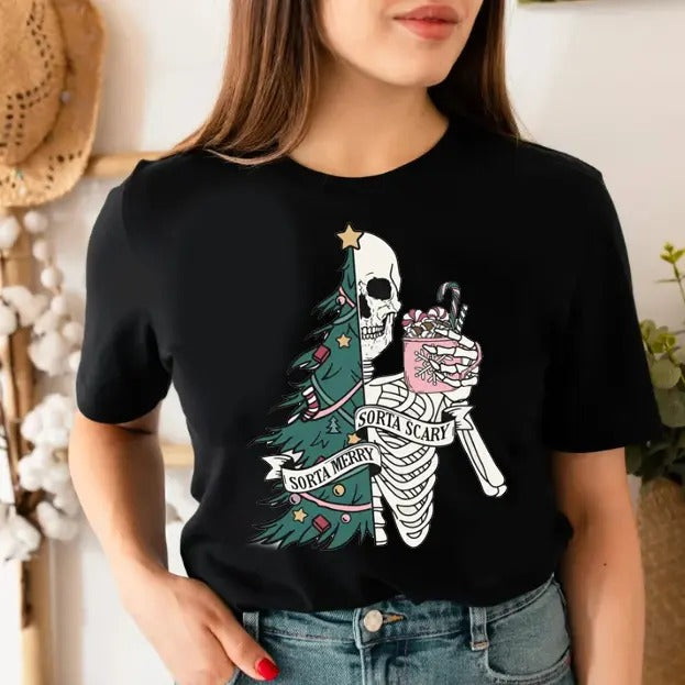 Sorta Merry Sorta Scary Sweatshirt, Skeleton Christmas Sweatshirt, Christmas Tree Sweatshirt, Funny Xmas Top, Family...