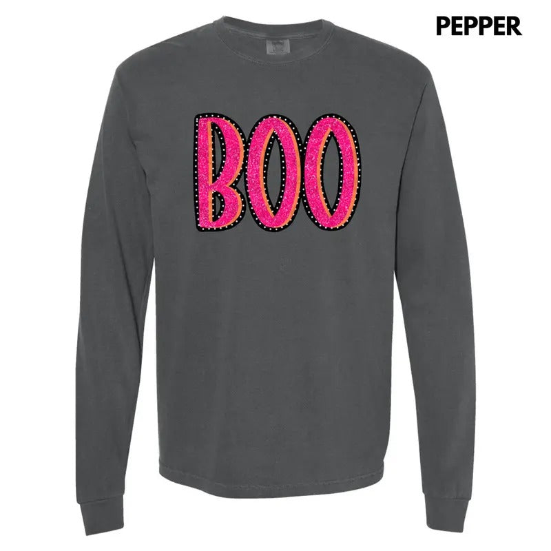 Sparkle Pink Boo FAKE GLITTER Long Sleeve Comfort Colors T-Shirt Hoodie, Sweatshirt | ZylaModa.com
