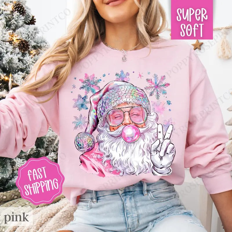 Sparkle Santa Sweatshirt, Preppy Christmas Crewneck,  Womens Holiday Sweater T-Shirts, Hoodie | ZylaModa.com