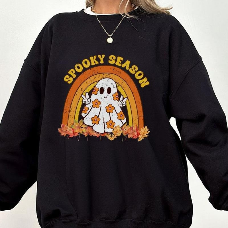 Spooky Season Sweatshirts, Cute Ghost Shirt For Her, Rainbow Fall Sweatshirt, Shirts For Women, Spooky Season T-shirt,...