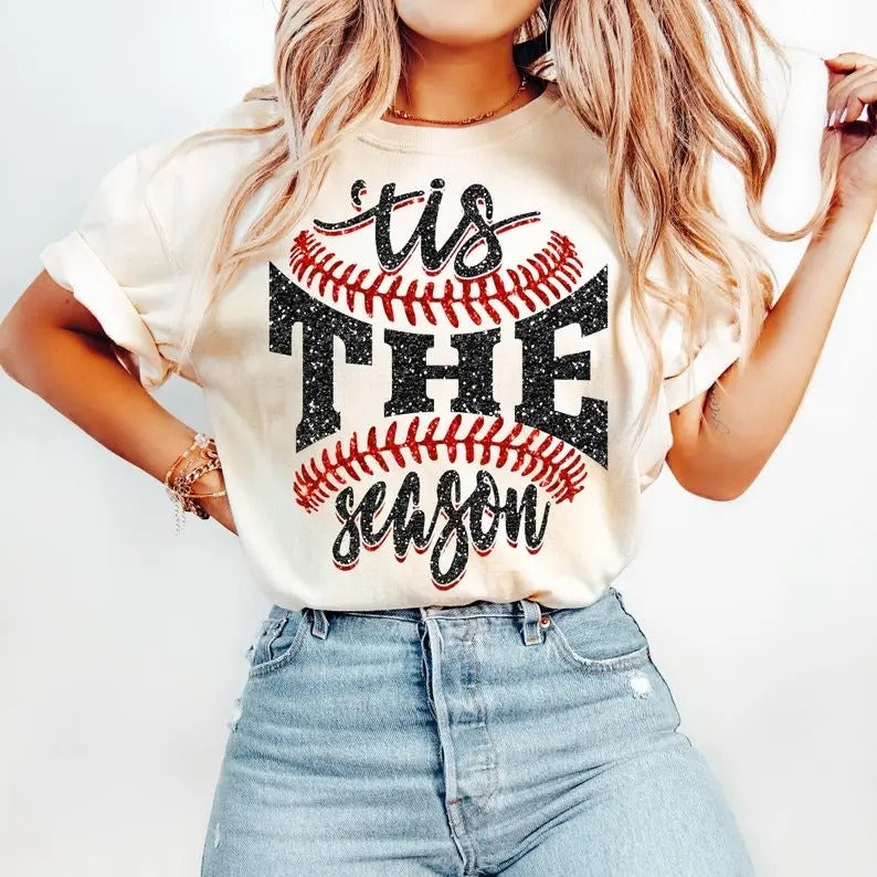 Sports Game Day Tshirt - Faux Glitter Tis The Season Baseball Shirt