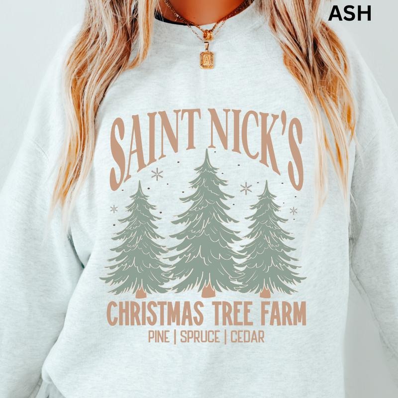 St. Nick's Christmas Tree Farm Crewneck, Christmas Sweatshirt, Winter Season Graphic, Casual Cotton Crewneck, Polyester,...