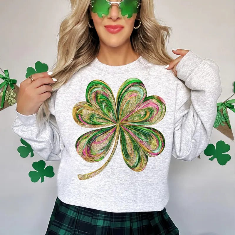 St Patrick's Day Glitter Shamrock Sweatshirt, Four Leaf Clover Tee Shirt, St, Pattys Day Shirt, Lucky Charm Sweater,...