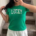 St. Patrick's Day Lucky Mama Shirt, Mom Baby Tee, St. Patty's Day Green Shamrock Baby Tee, Y2K 2000's Style, Streetwear...