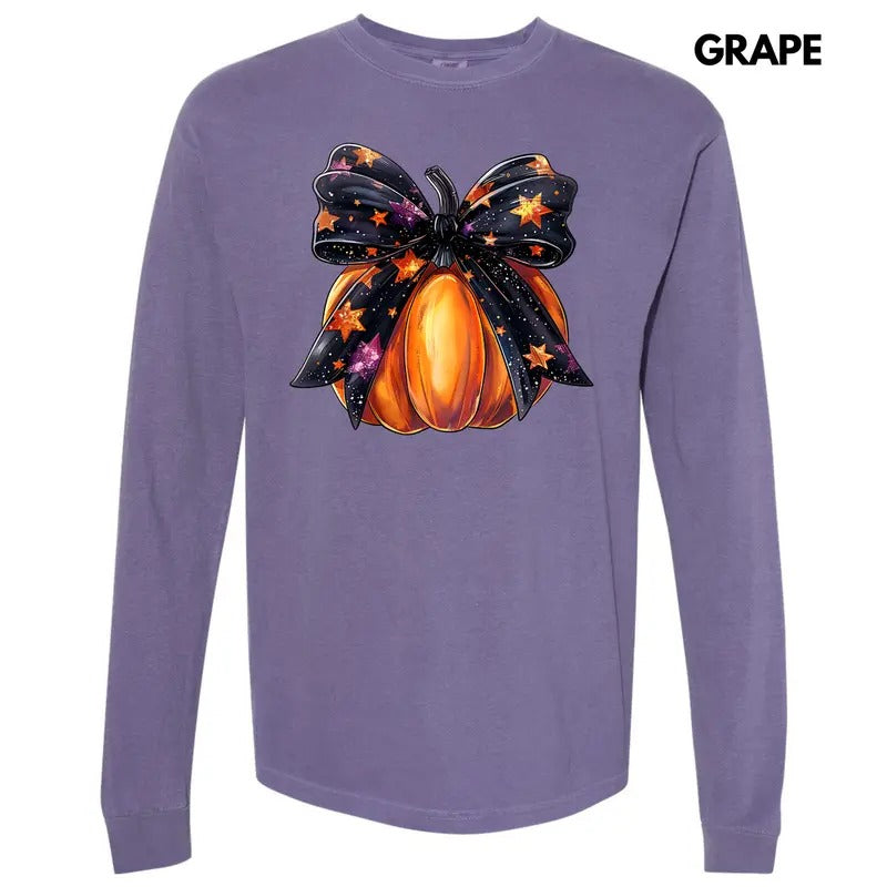 Starry Bow Pumpkin Long Sleeve Comfort Colors T-Shirt 'NLB' Hoodie, Sweatshirt | ZylaModa.com