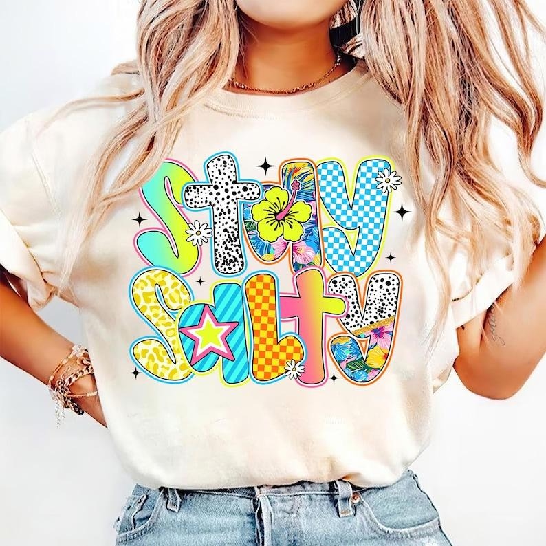 Stay Salty Retro Floral Beach Cute Preppy Coquette Pearl Bow Summer T-Shirt Hoodie, Sweatshirt | ZylaModa.com