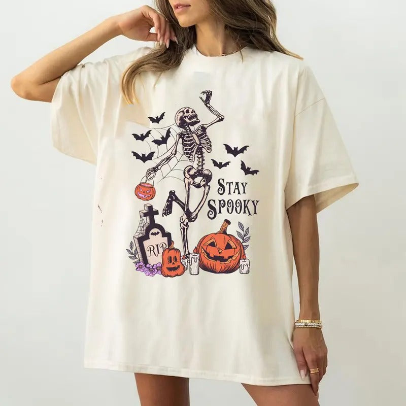 Stay Spooky T-Shirt, Halloween Skeleton Dancing with Jack-0-lantern T-shirt, Spooky Halloween Tee for men and women Top...