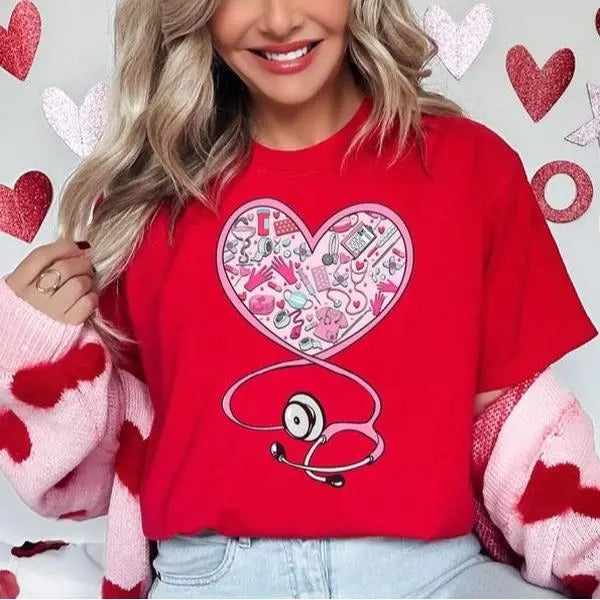 Stethoscope Nurse Valentine Shirt, Valentine's Day Sweatshirt, Nurse Love Tee, Nurse Valentine Shirt, Heart Stethoscope...