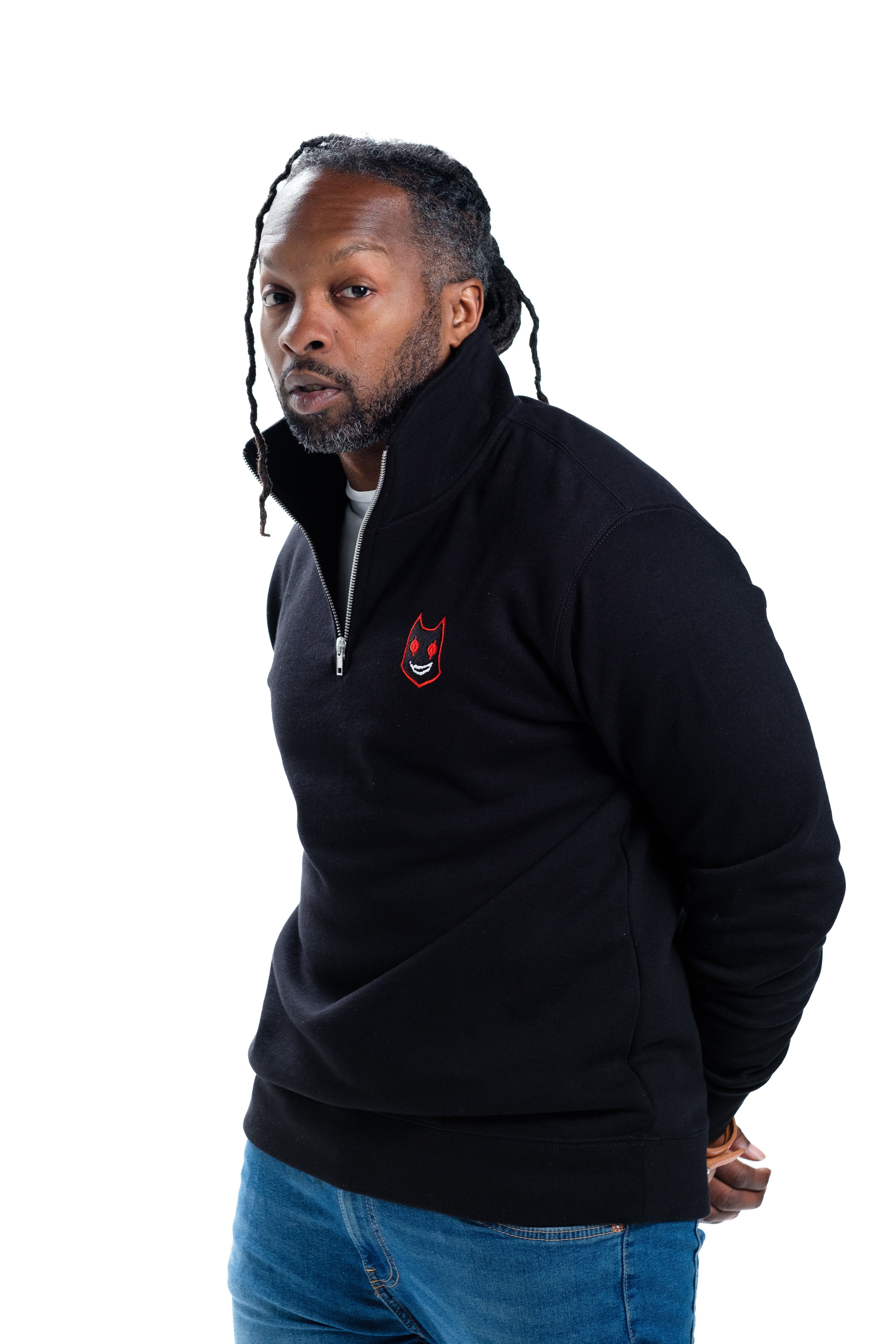 GUILTY GEAR - 'Zato-1 Pressure' Small Logo Embroidered Quarter-Zip Sweatshirt - Black T-Shirts, Hoodie (Image 2)