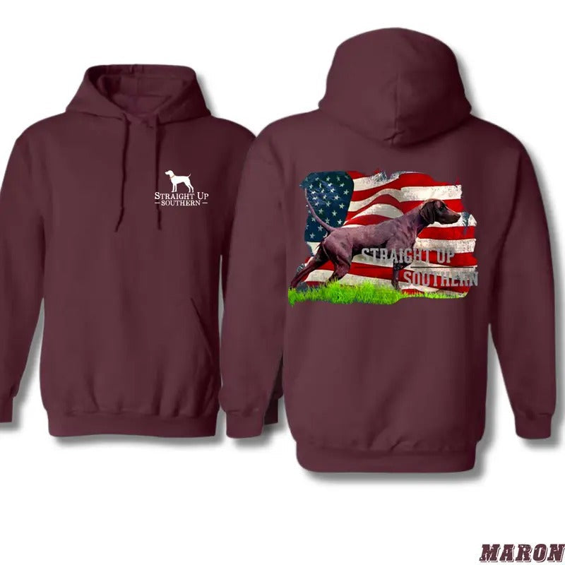Straight Up Southern Hoodie - Patriotic Hunting Dog Design with American Flag, Perfect for Southern Pride and Outdoor...
